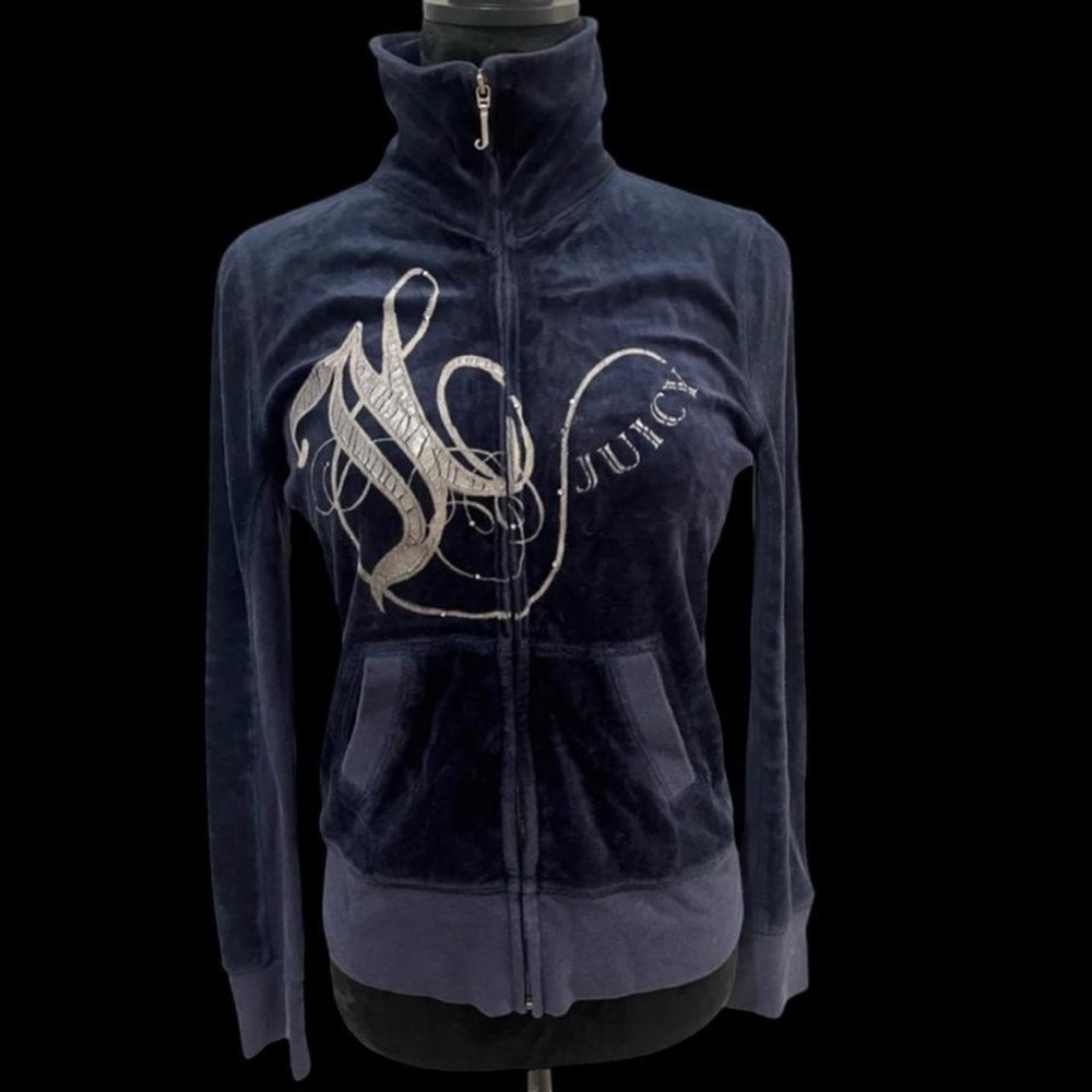 Juicy Couture Navy Velour Zip Front Jacket with Silver Logo
